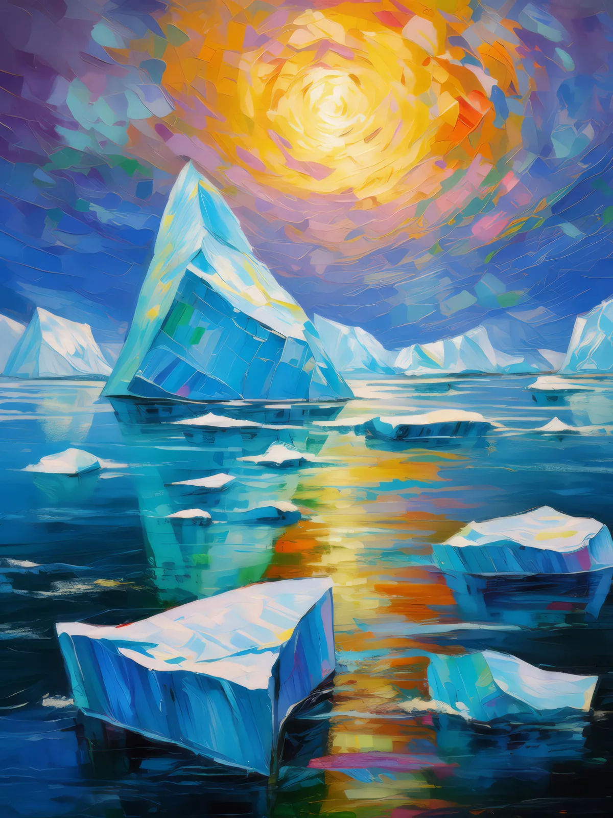 Arctic Ocean Icebergs, a palette-knife oil landscape by Emma Mickelberg
