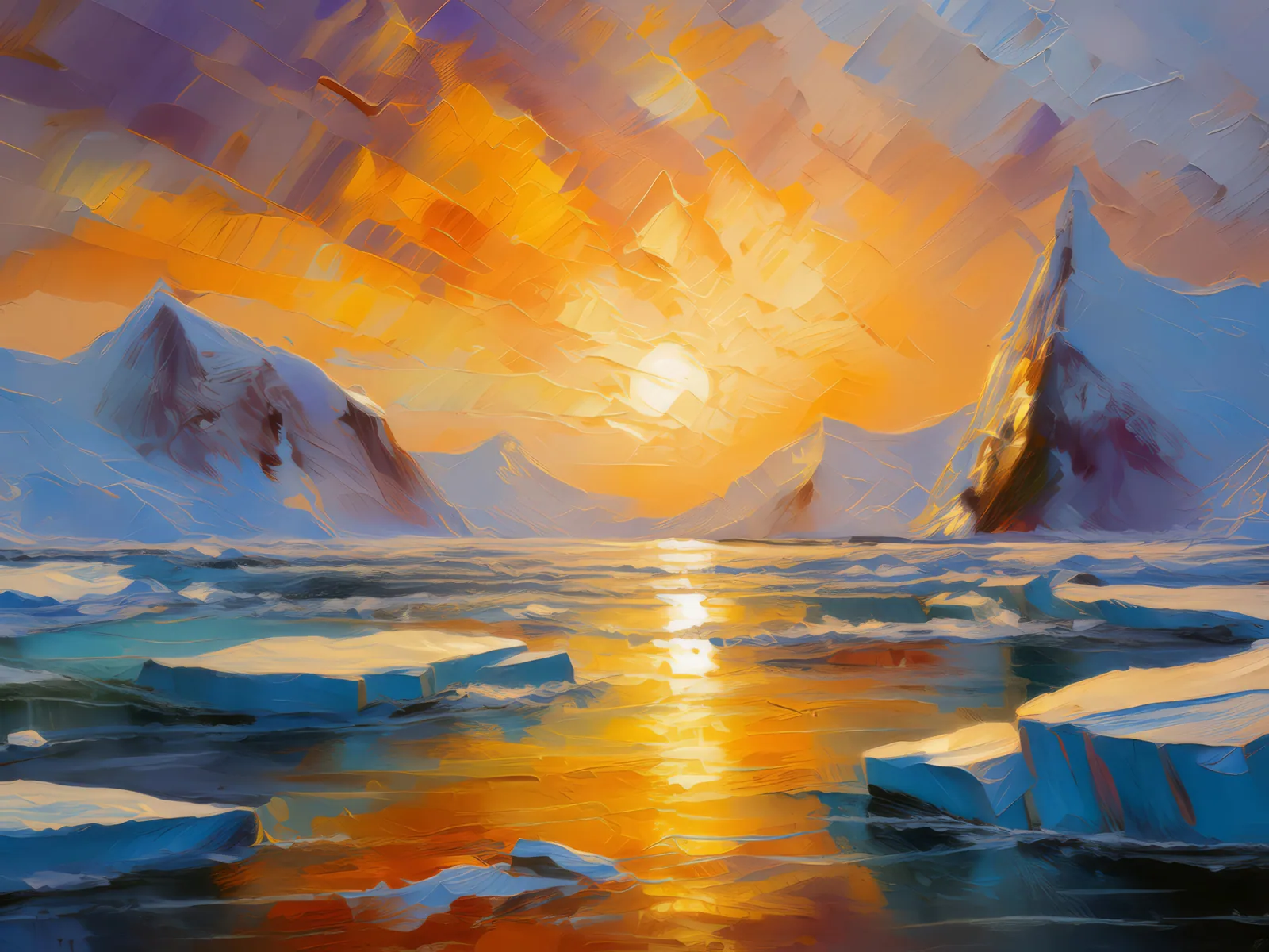 Arctic Ocean Sunset, a palette-knife oil landscape by Emma Mickelberg