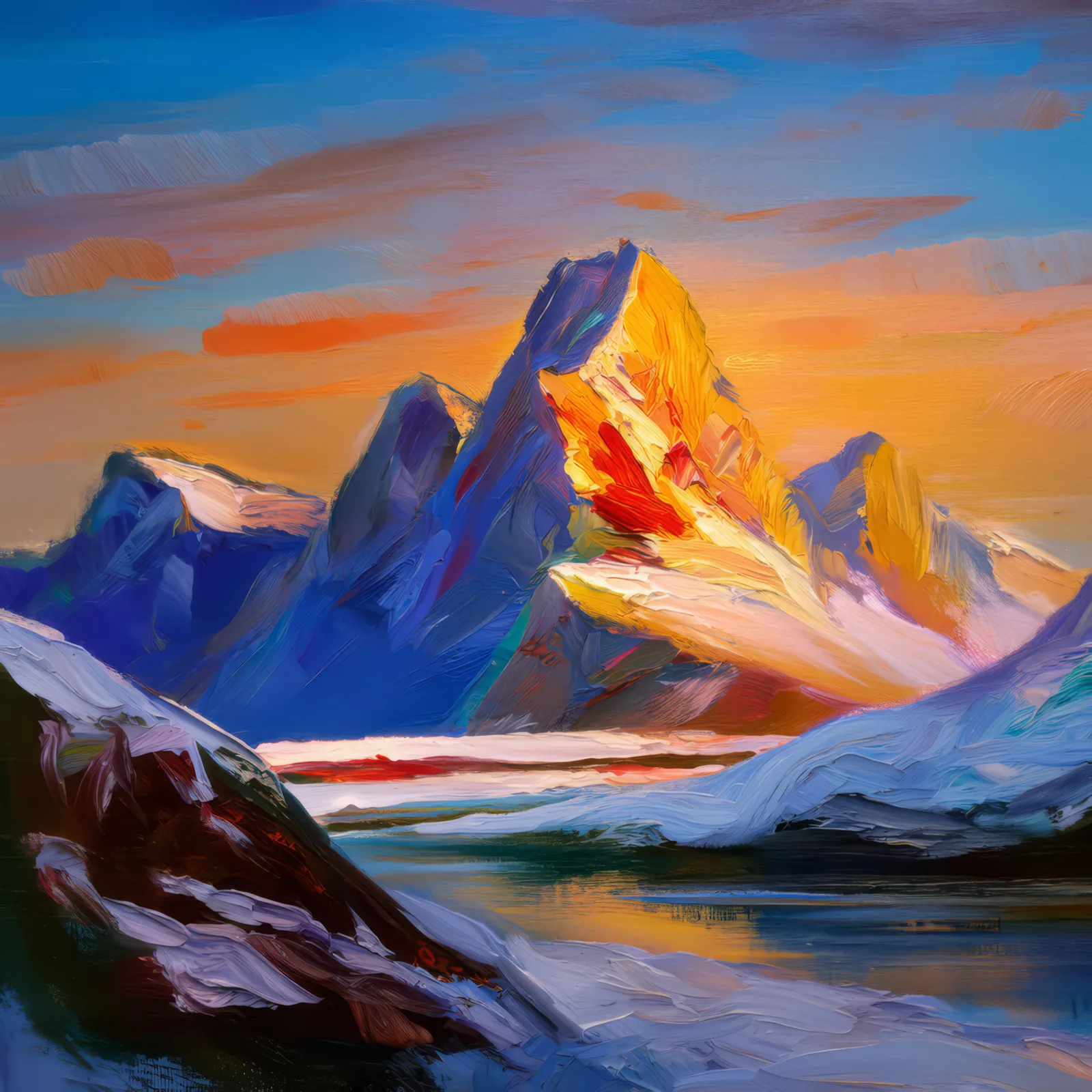 Arctic Peak Sunrise, a palette-knife oil landscape by Emma Mickelberg