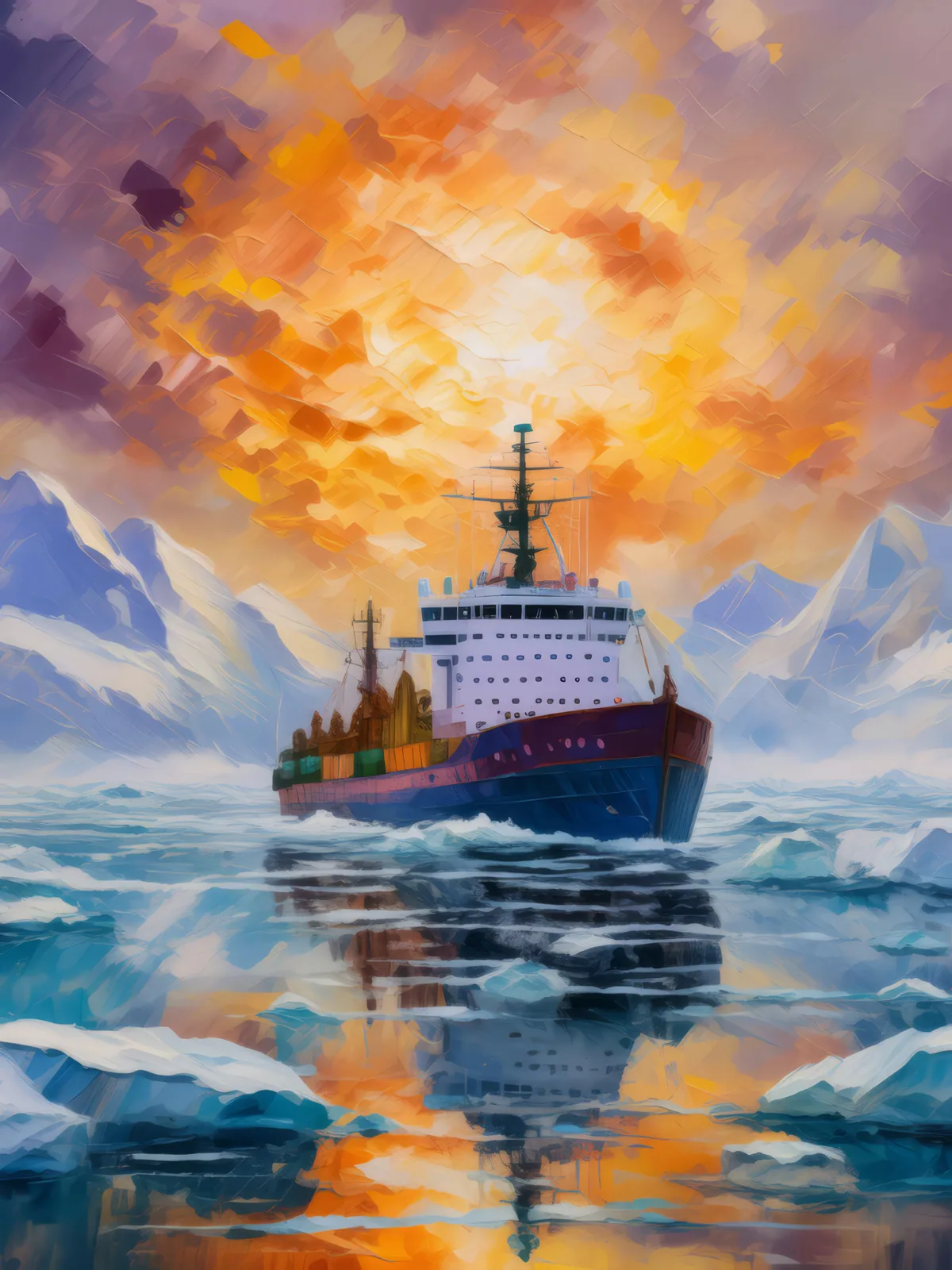 Arctic Research Ship, a palette-knife oil landscape by Emma Mickelberg