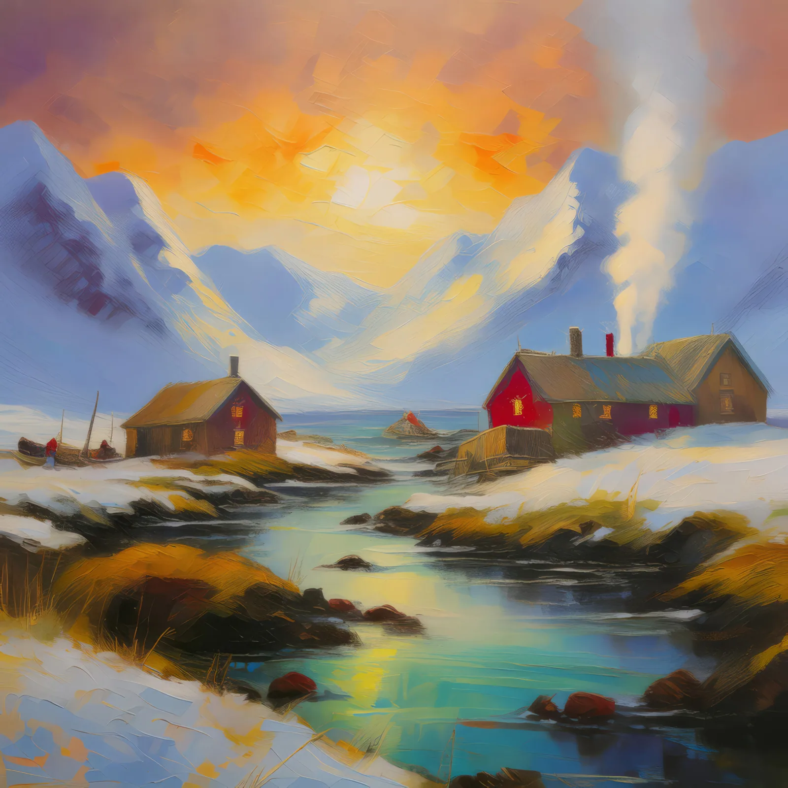 Arctic Tundra Village, a palette-knife oil landscape by Emma Mickelberg