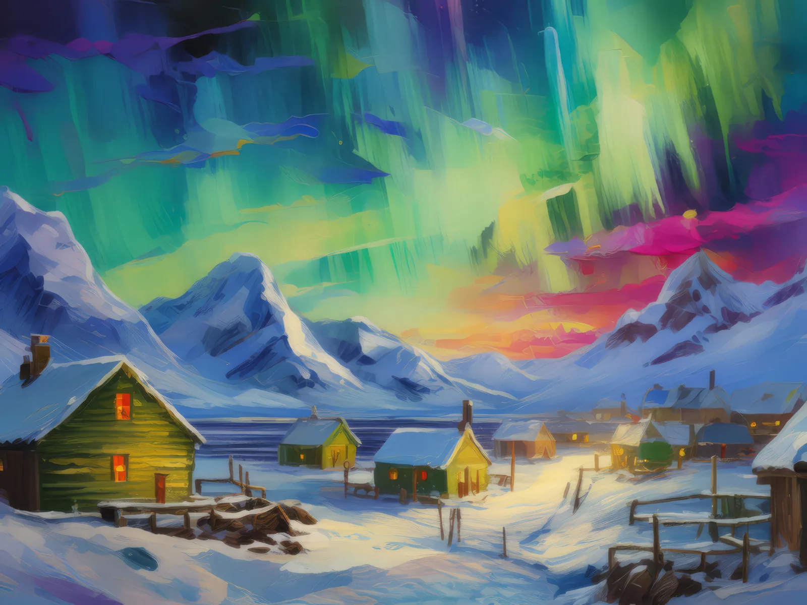 Arctic Village at Night, a palette-knife oil landscape by Emma Mickelberg