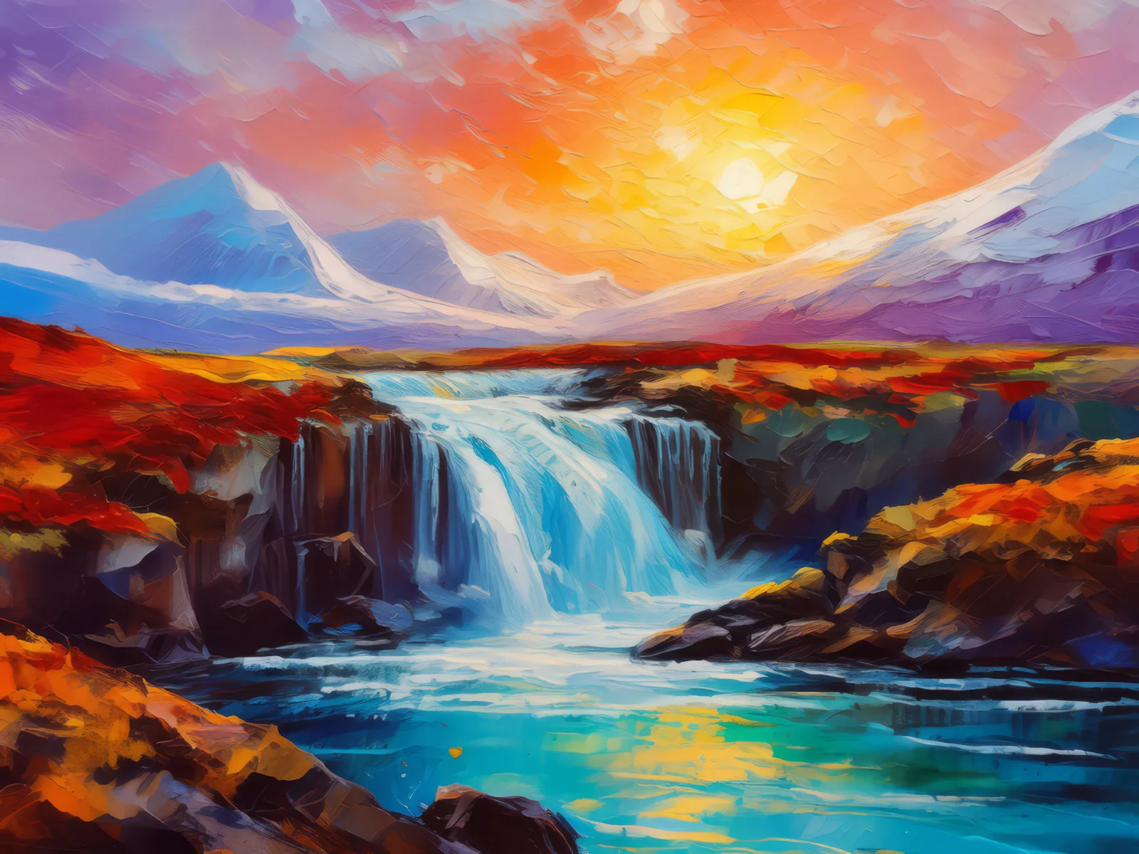 Arctic Waterfall's Silent Flow, a palette-knife oil landscape by Emma Mickelberg