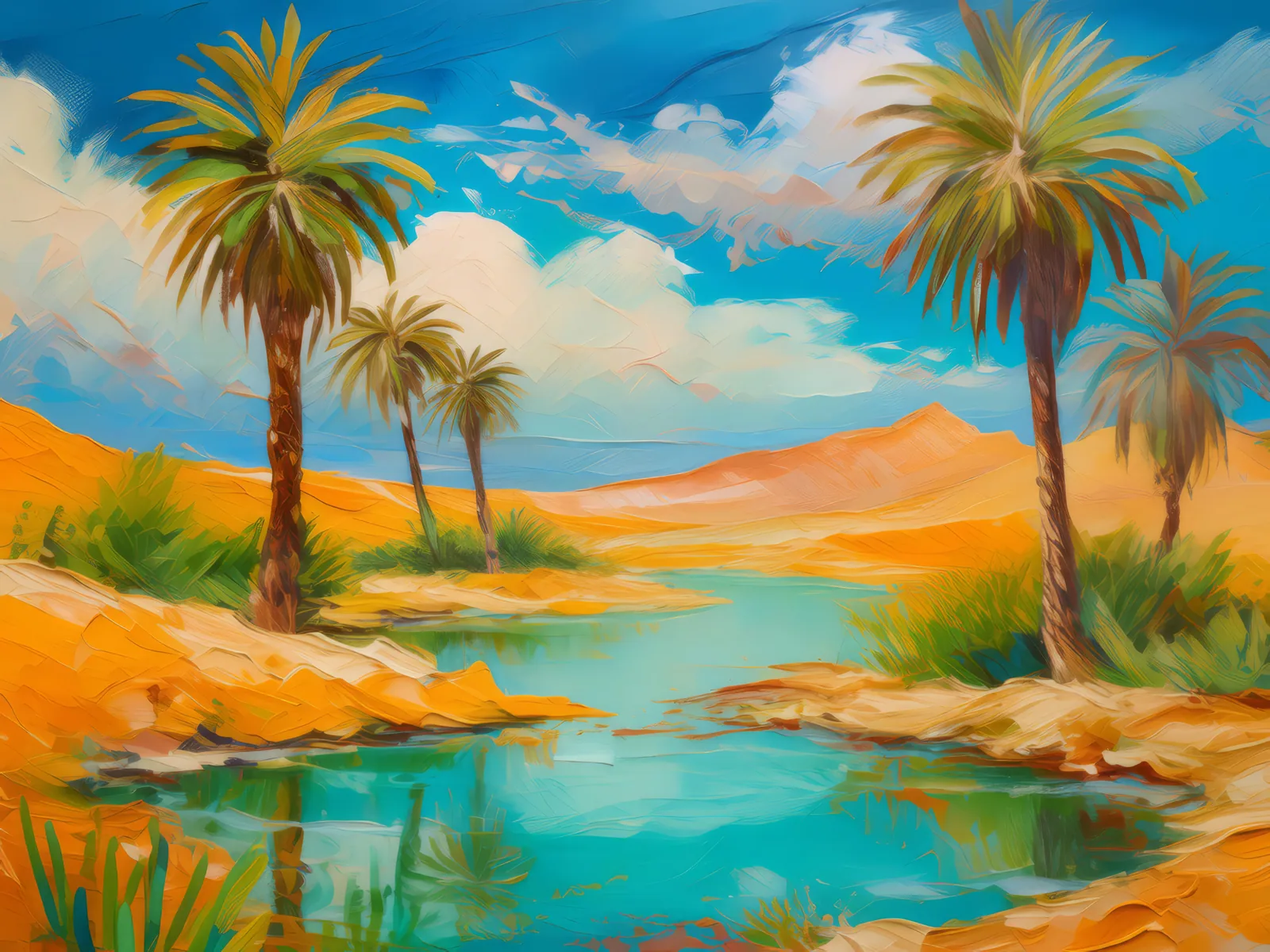 Arid Desert Oasis, a palette-knife oil landscape by Emma Mickelberg