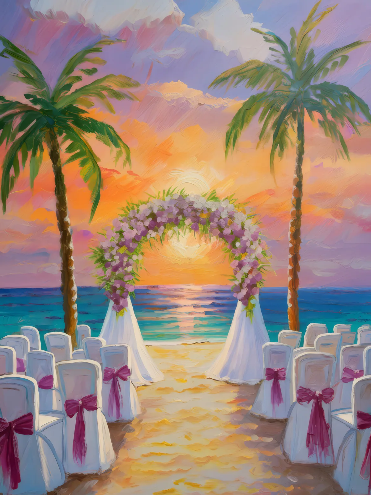 Atoll Sunset Wedding, a palette-knife oil landscape by Emma Mickelberg