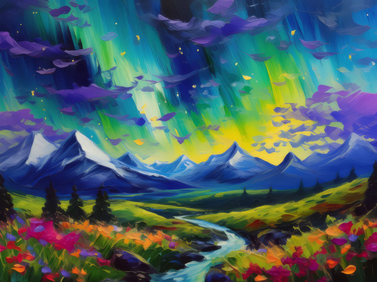 Aurora Over Tundra Hills, a palette-knife oil landscape by Emma Mickelberg