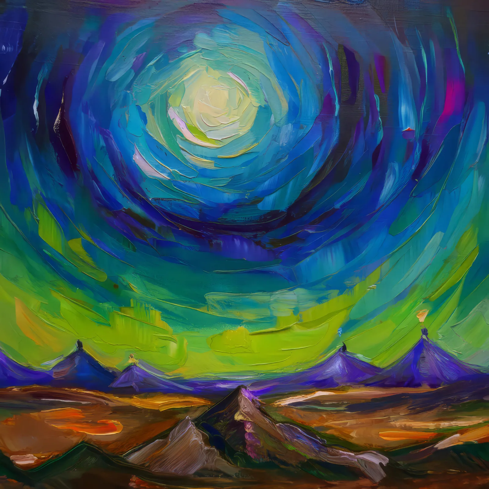 Aurora's Dance in Boreal Desert, a palette-knife oil landscape by Emma Mickelberg