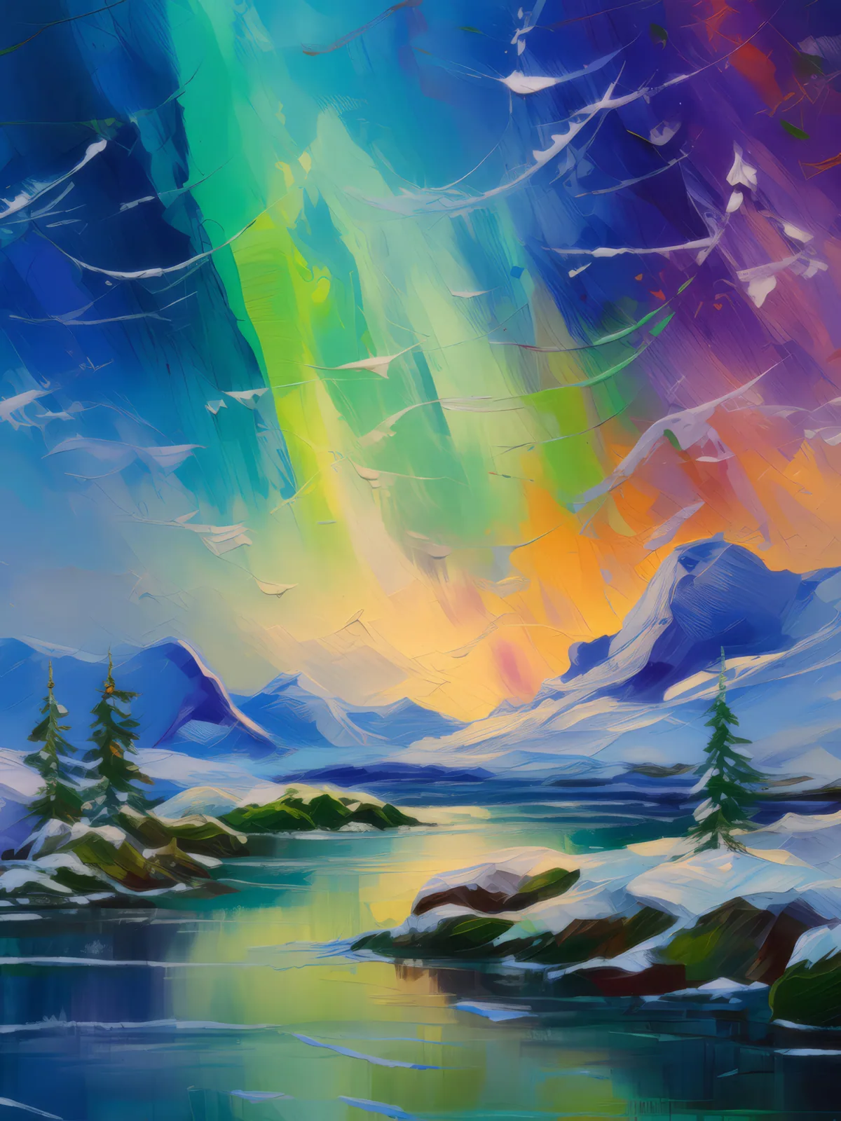 Aurora's Dance Over Ice, a palette-knife oil landscape by Emma Mickelberg
