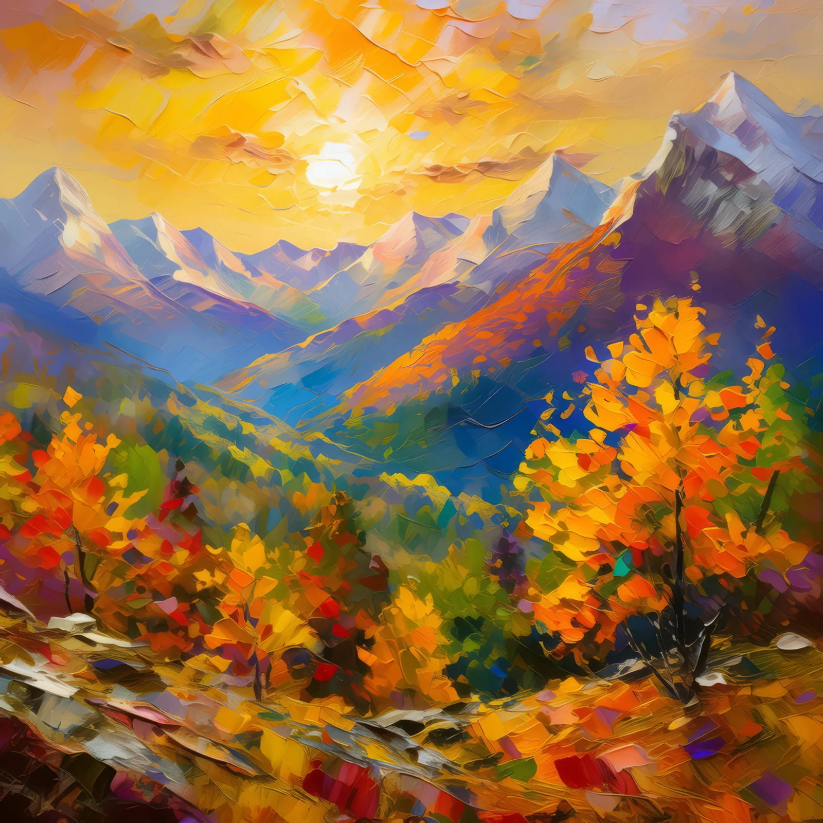 Autumn Alpine Glow, a palette-knife oil landscape by Emma Mickelberg