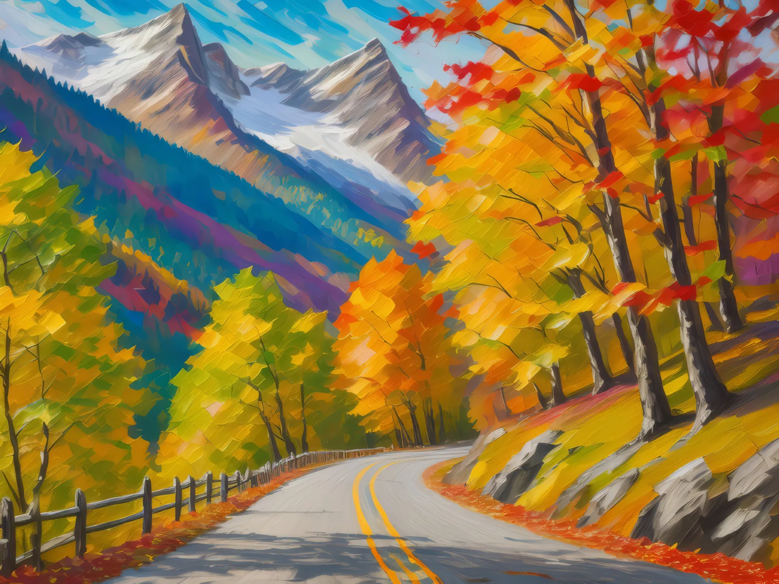 Autumn Alpine Road Journey, a palette-knife oil landscape by Emma Mickelberg