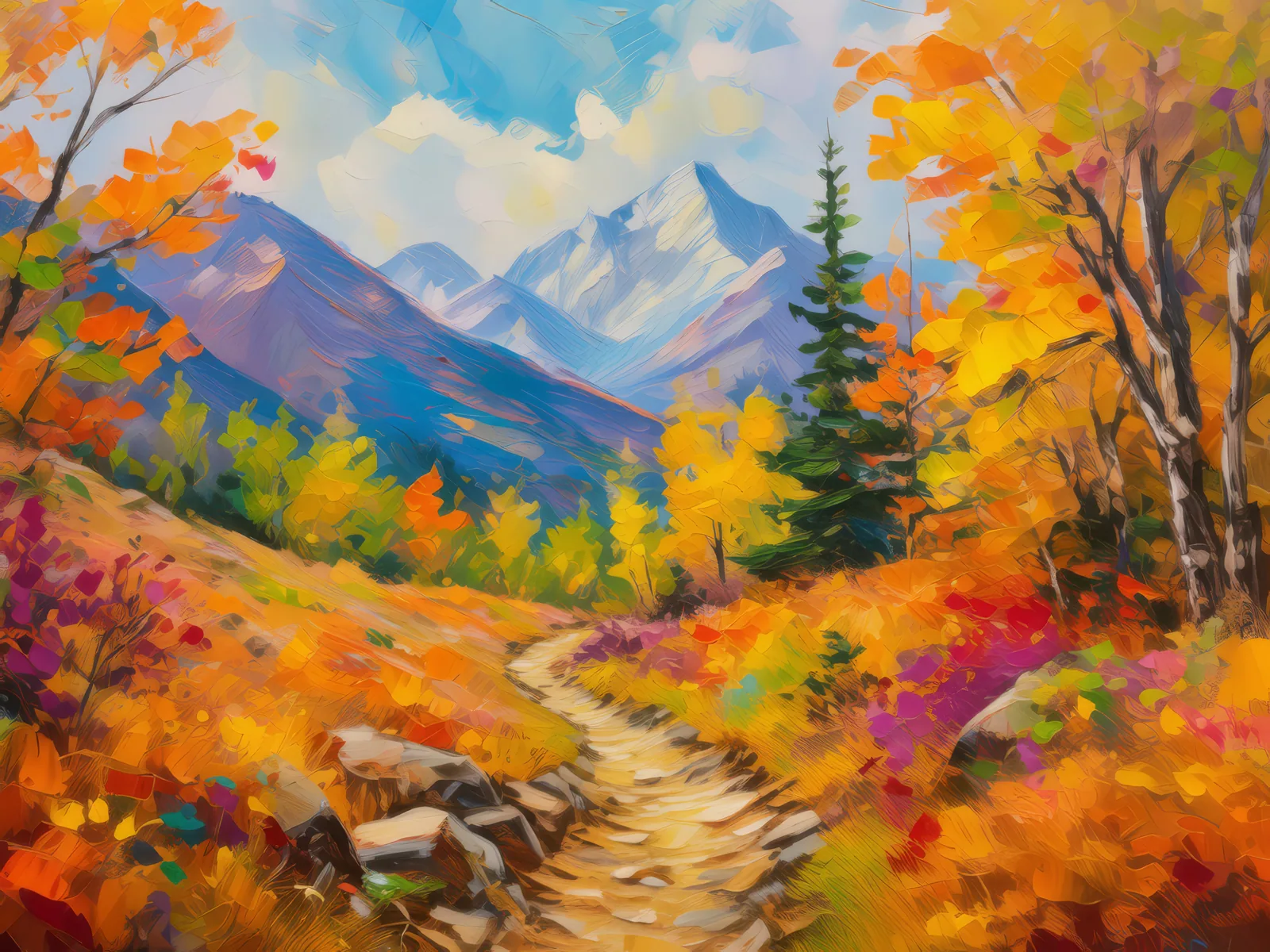 Autumn Alpine Trail, a palette-knife oil landscape by Emma Mickelberg