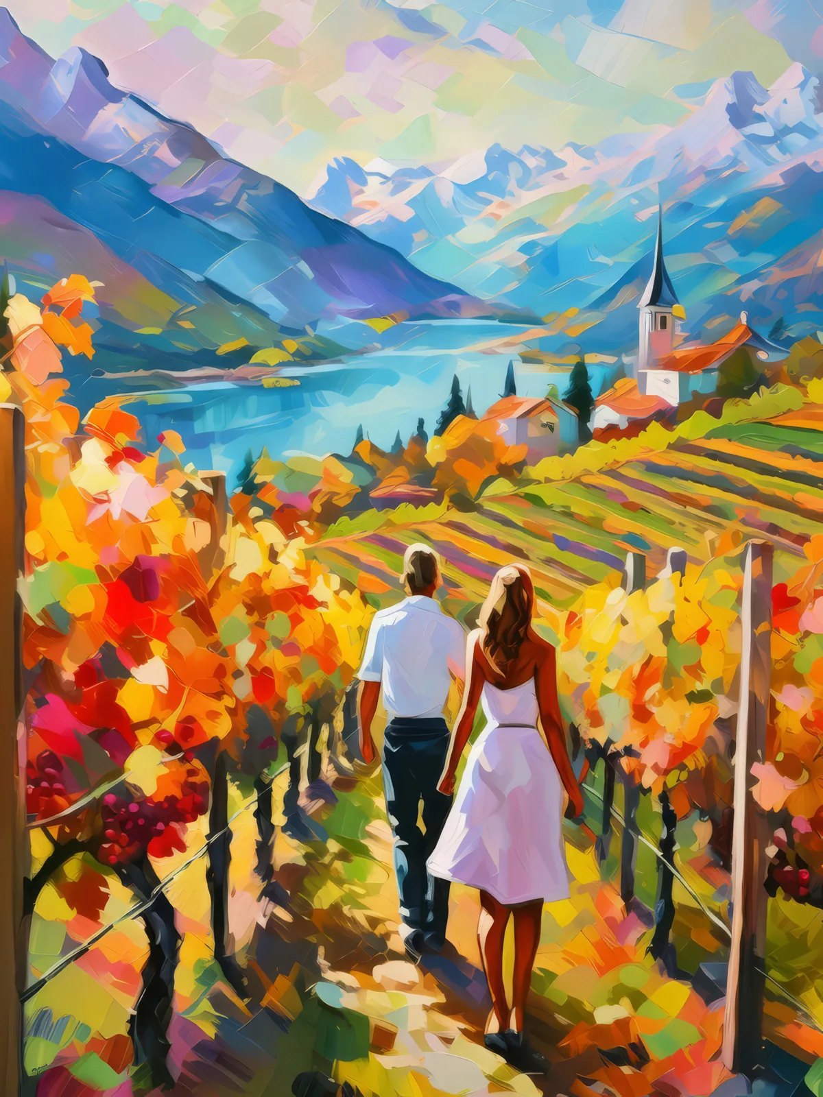 Autumn Alpine Vineyard Tour, a palette-knife oil landscape by Emma Mickelberg
