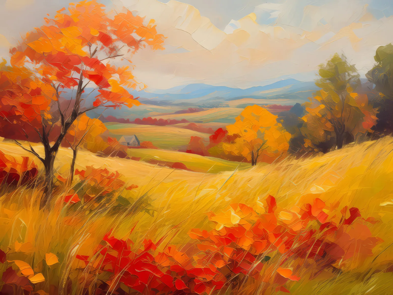 Autumn Arrival on Grassland, a palette-knife oil landscape by Emma Mickelberg