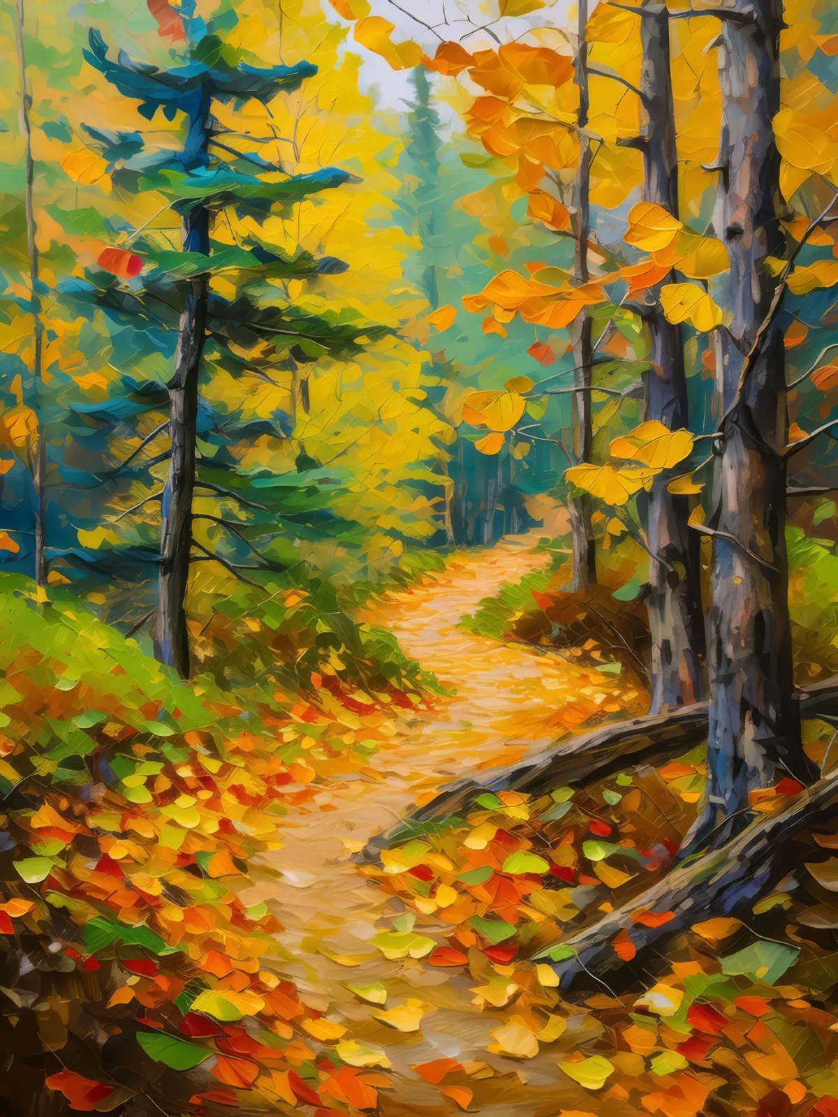 Autumn Boreal Forest Path, a palette-knife oil landscape by Emma Mickelberg