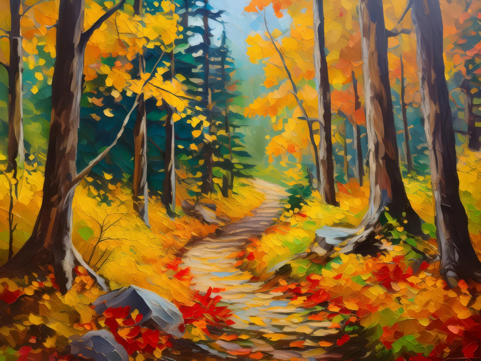 Autumn Boreal Forest Trail, a palette-knife oil landscape by Emma Mickelberg