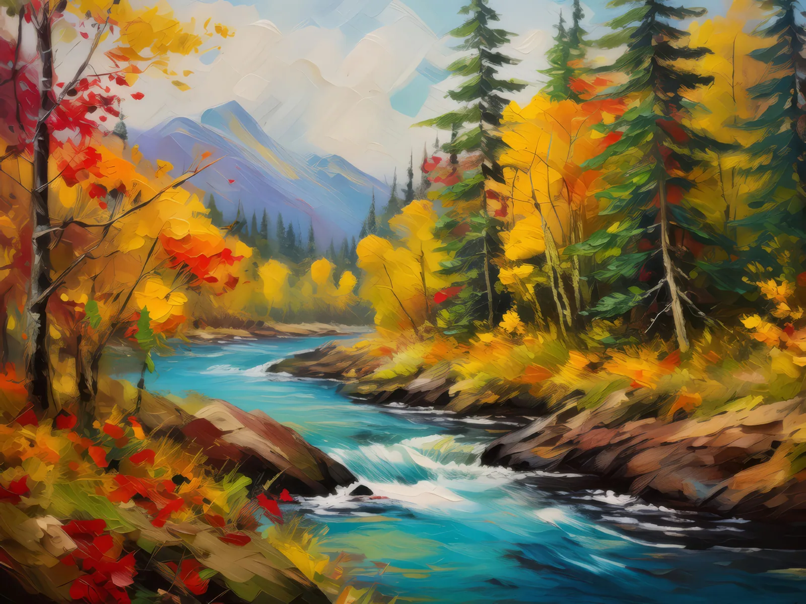 Autumn Boreal River, a palette-knife oil landscape by Emma Mickelberg