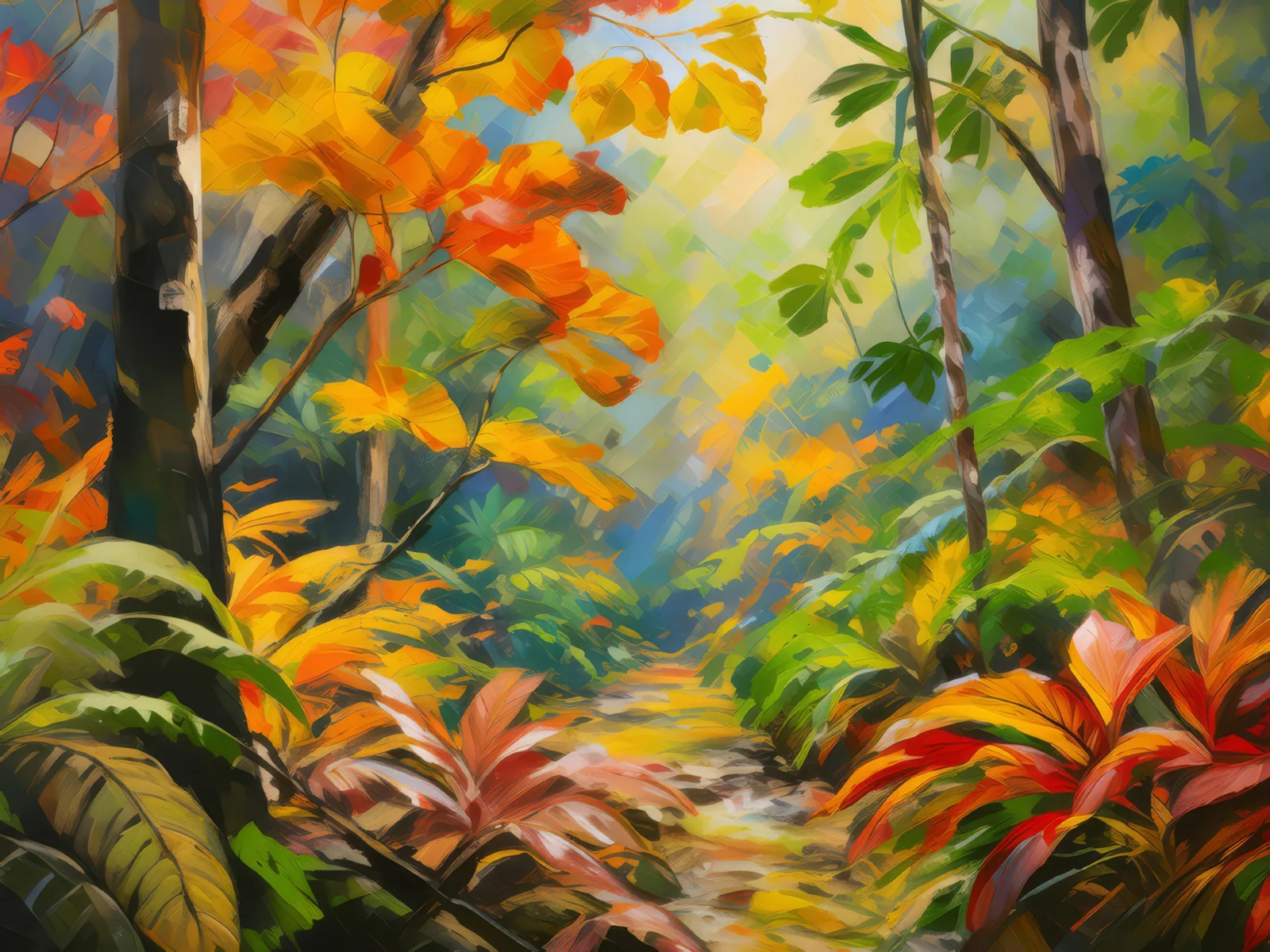 Autumn Canopy in Boreal Jungle, a palette-knife oil landscape by Emma Mickelberg