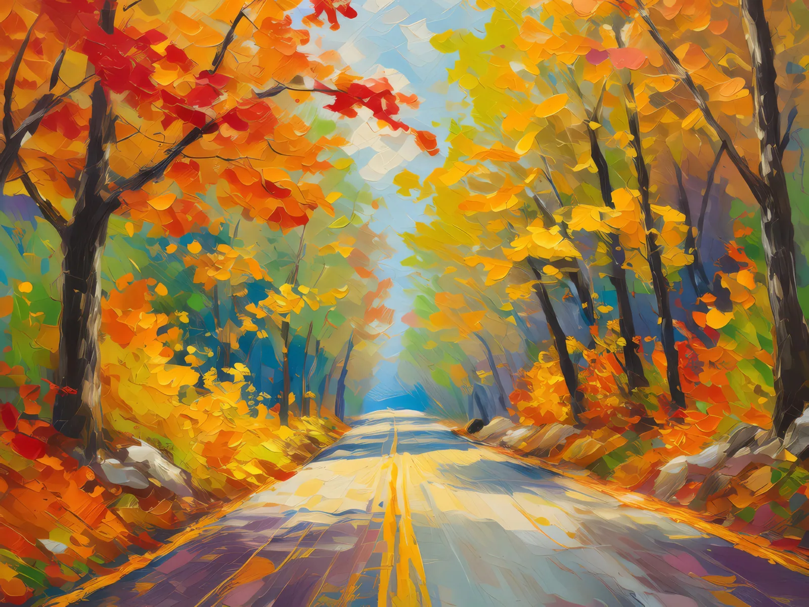 Autumn Canopy Road, a palette-knife oil landscape by Emma Mickelberg