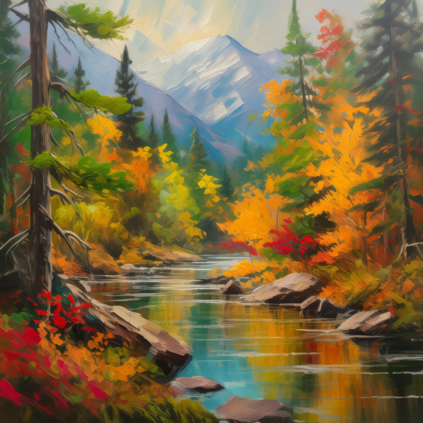 Autumn Colors in Boreal Jungle, a palette-knife oil landscape by Emma Mickelberg