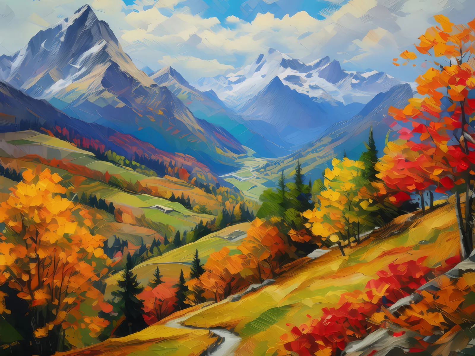 Autumn Colors on Alpine Slopes, a palette-knife oil landscape by Emma Mickelberg