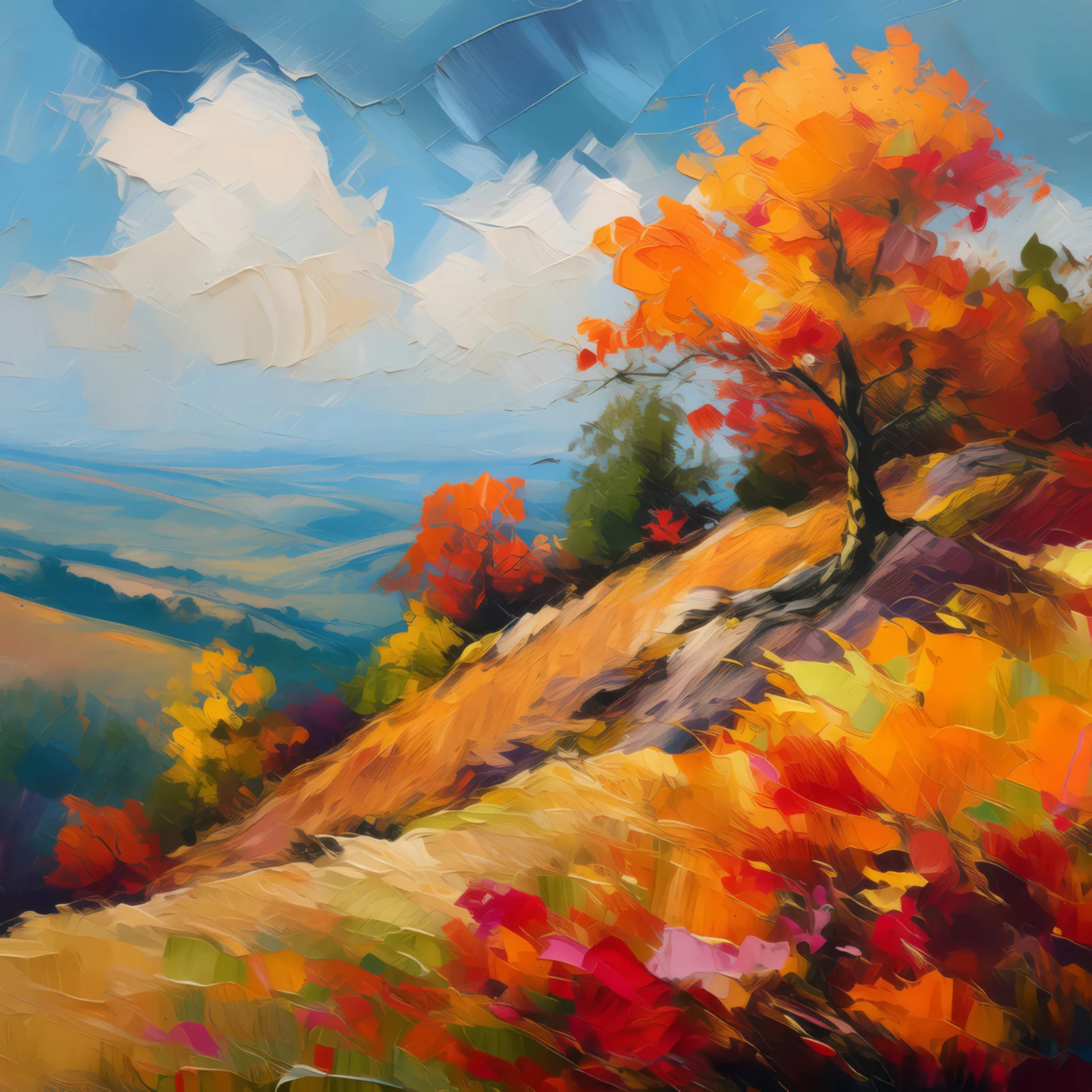 Autumn Colors on Secluded Hill, a palette-knife oil landscape by Emma Mickelberg