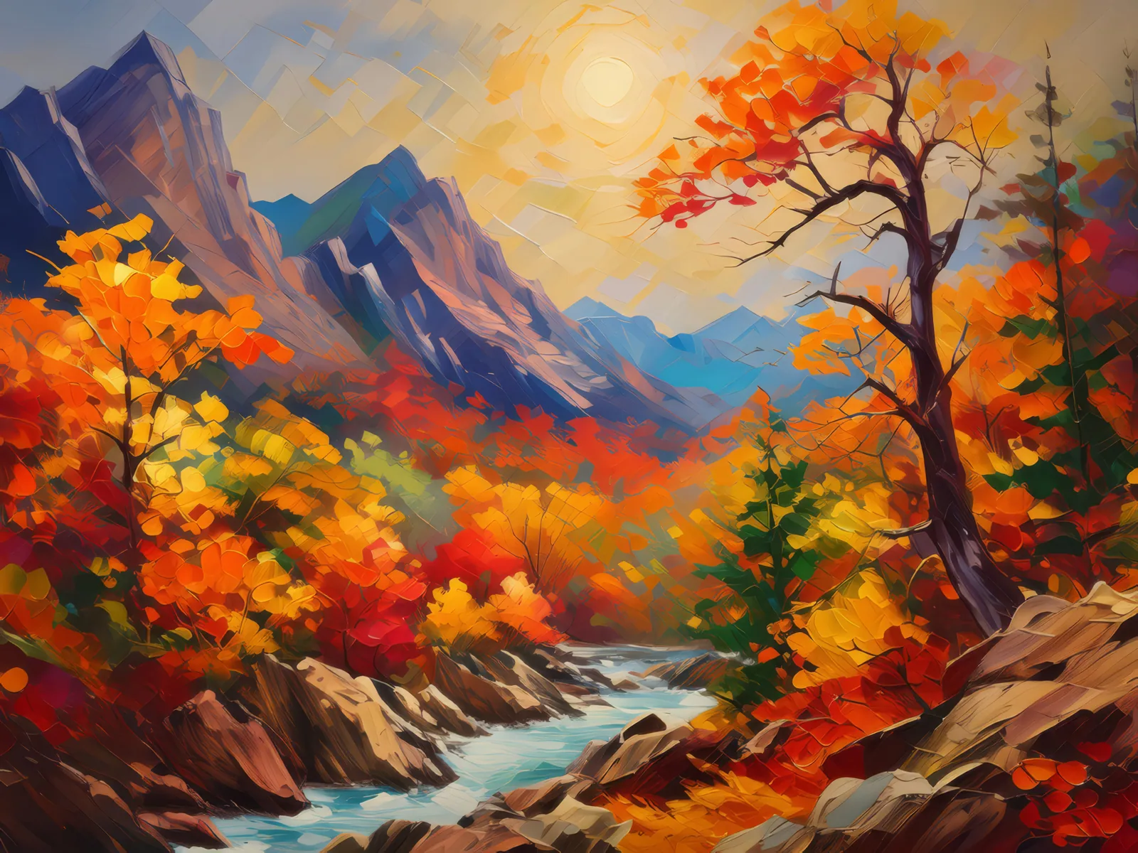 Autumn Crag Tapestry, a palette-knife oil landscape by Emma Mickelberg