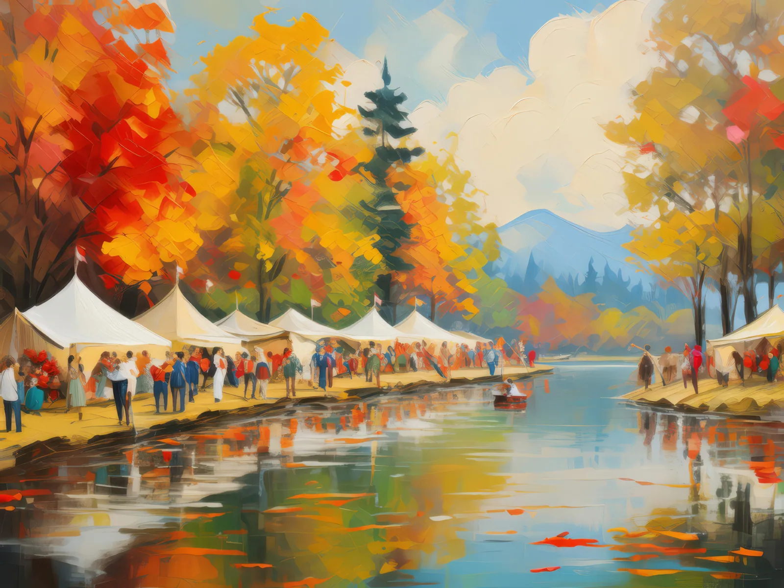 Autumn Festival by the Lake, a palette-knife oil landscape by Emma Mickelberg