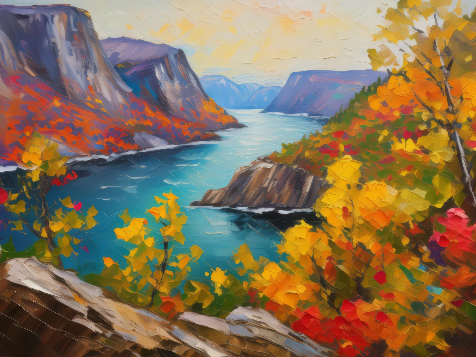 Autumn Fjord Vista, a palette-knife oil landscape by Emma Mickelberg