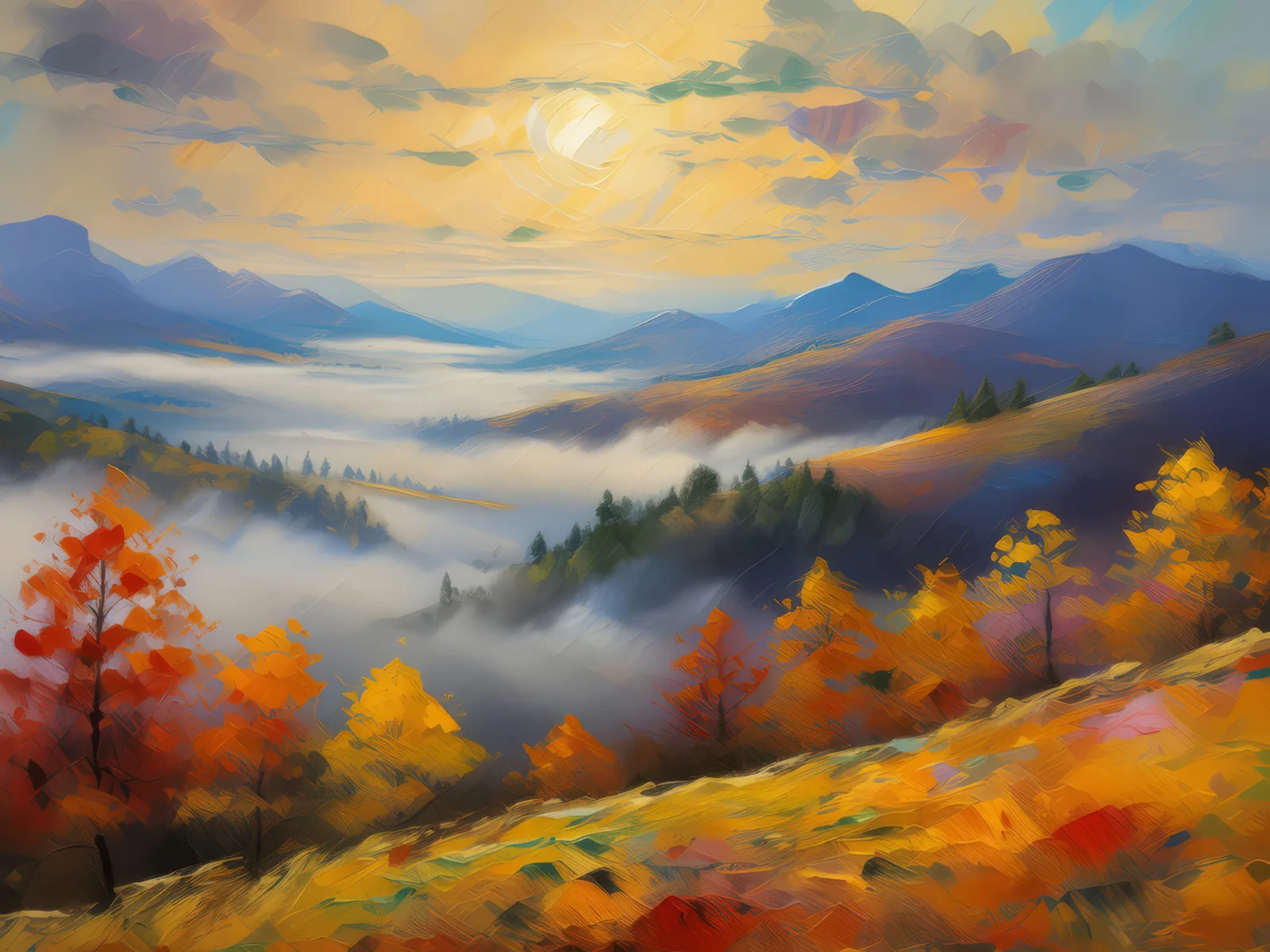 Autumn Fog on Plateau, a palette-knife oil landscape by Emma Mickelberg
