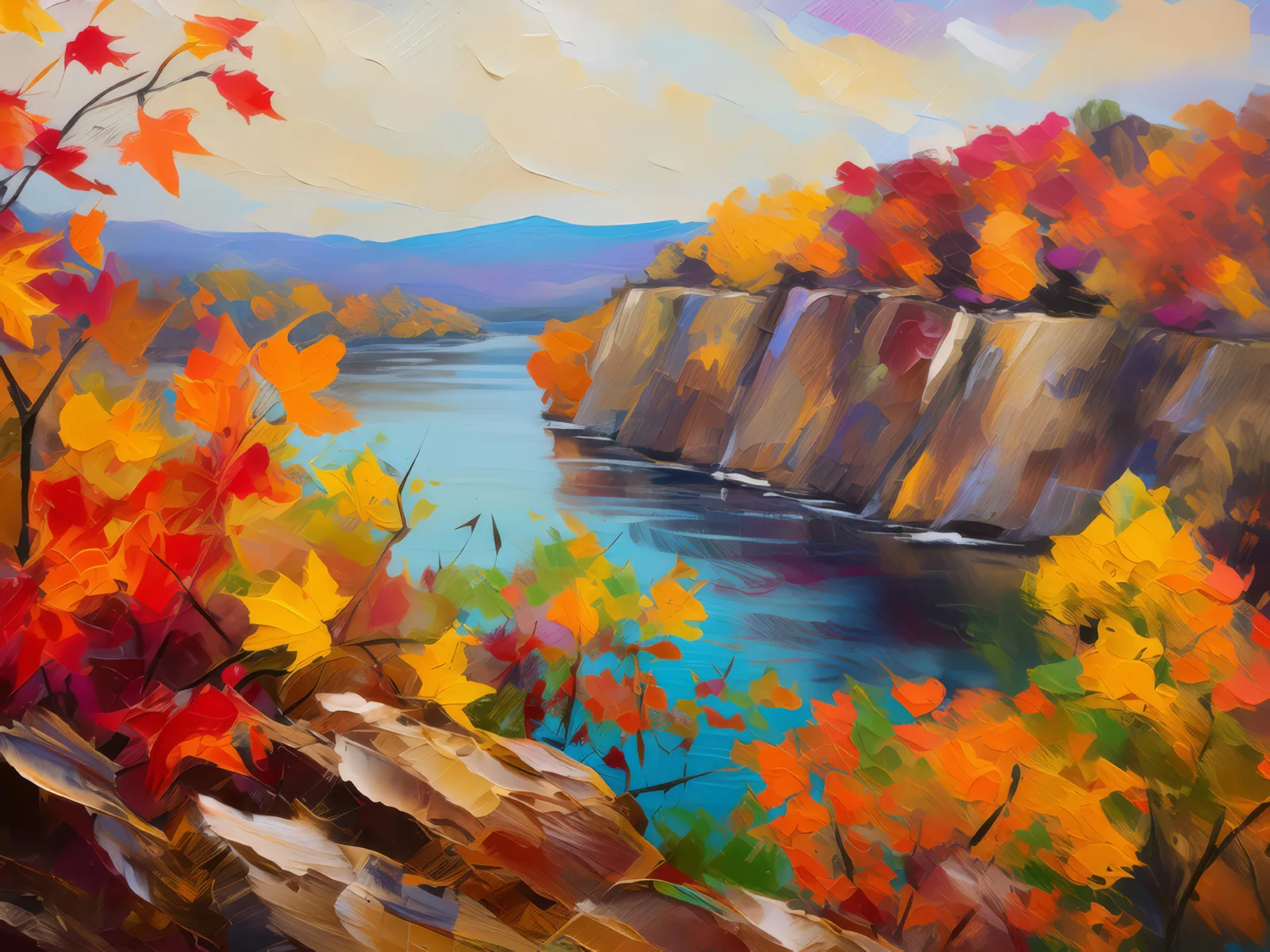Autumn Foliage Bluff, a palette-knife oil landscape by Emma Mickelberg