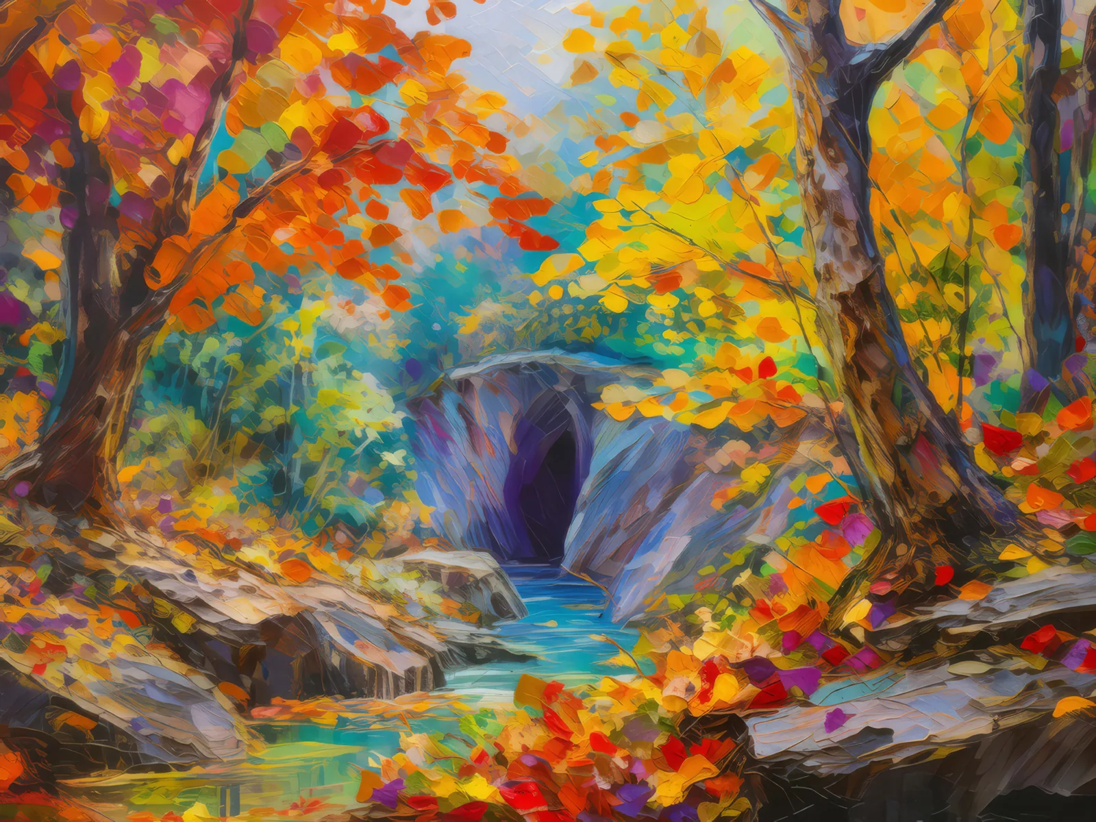 Autumn Forest Chasm, a palette-knife oil landscape by Emma Mickelberg