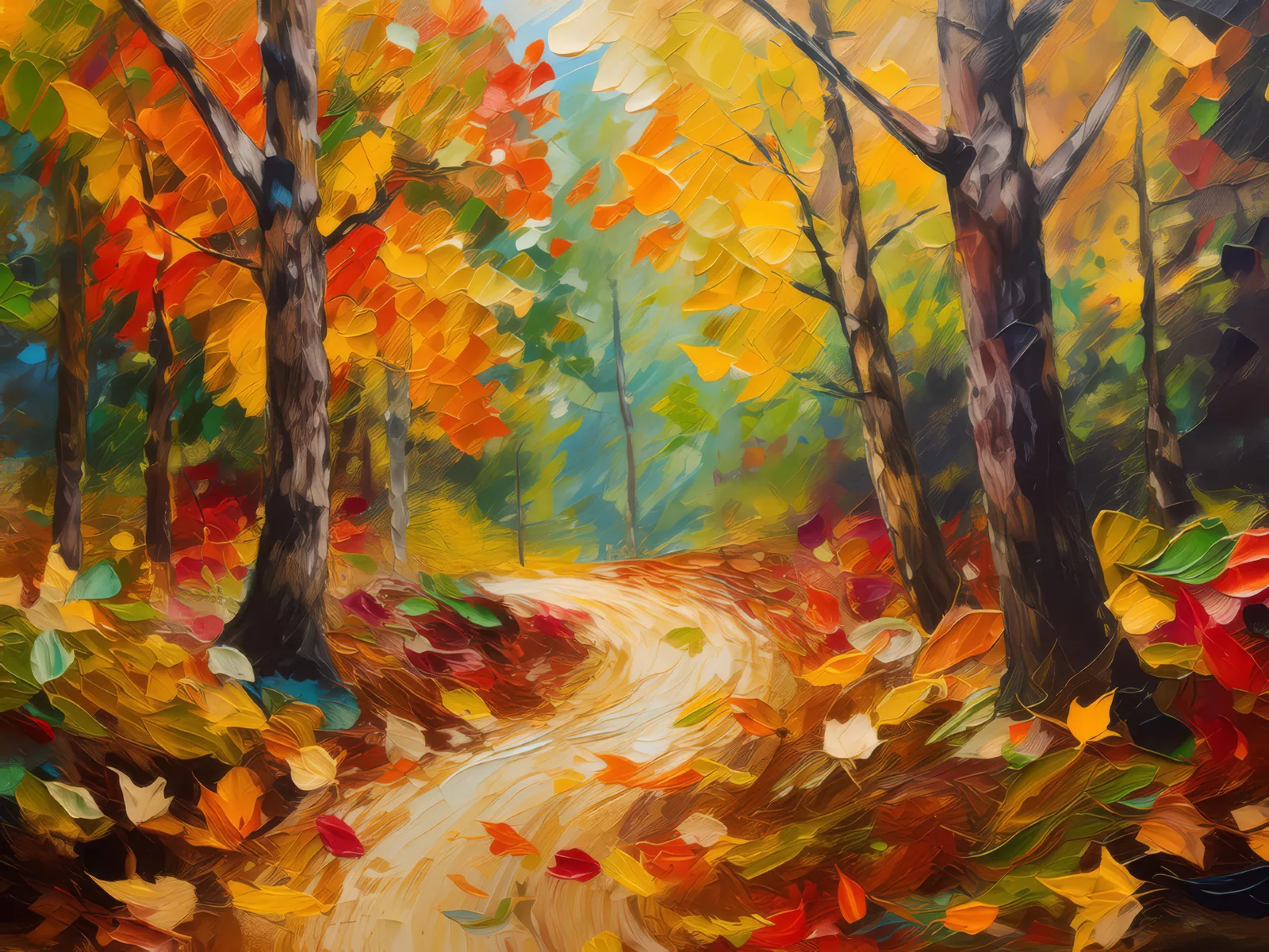 Autumn Forest Path, a palette-knife oil landscape by Emma Mickelberg