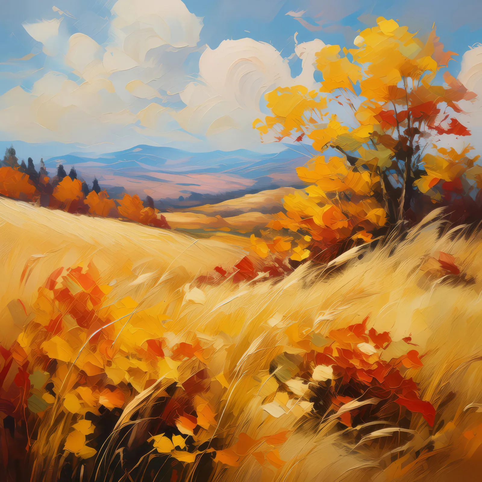 Autumn Grassland Landscape, a palette-knife oil landscape by Emma Mickelberg