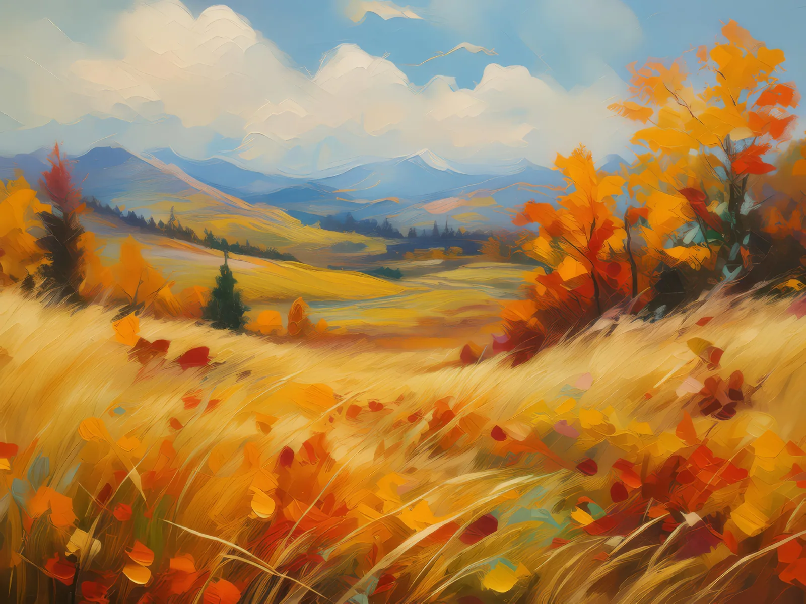 Autumn Grassland Scene, a palette-knife oil landscape by Emma Mickelberg