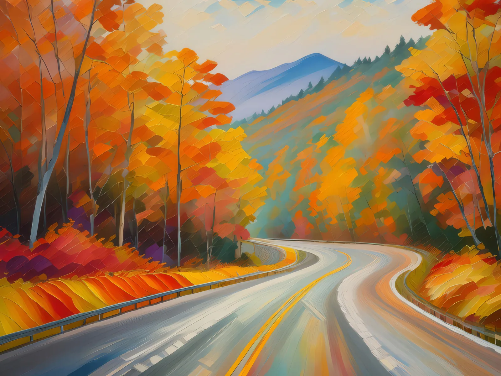 Autumn Highway Scenic Route, a palette-knife oil landscape by Emma Mickelberg