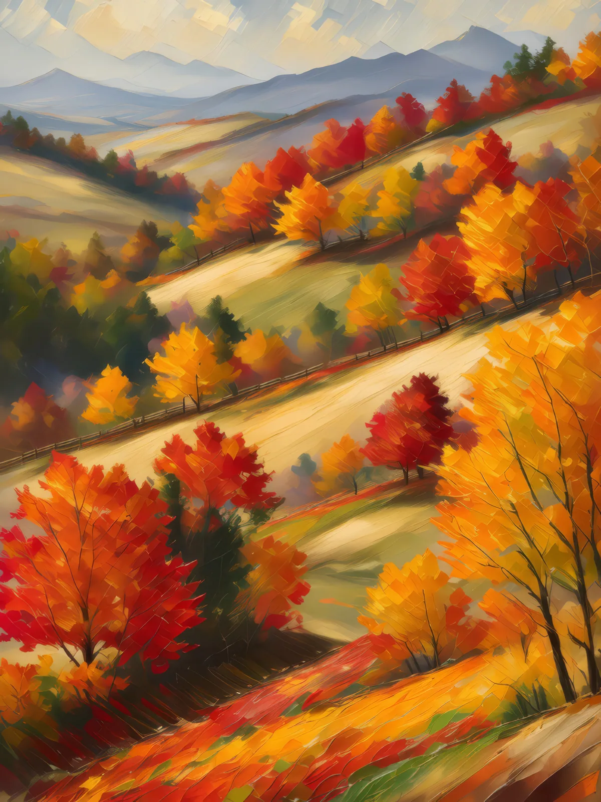 Autumn Hillside View, a palette-knife oil landscape by Emma Mickelberg