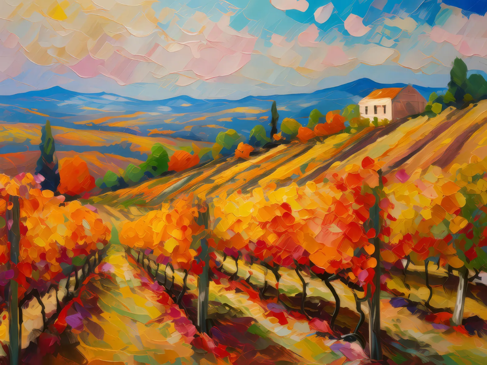 Autumn Hillside Vineyard, a palette-knife oil landscape by Emma Mickelberg