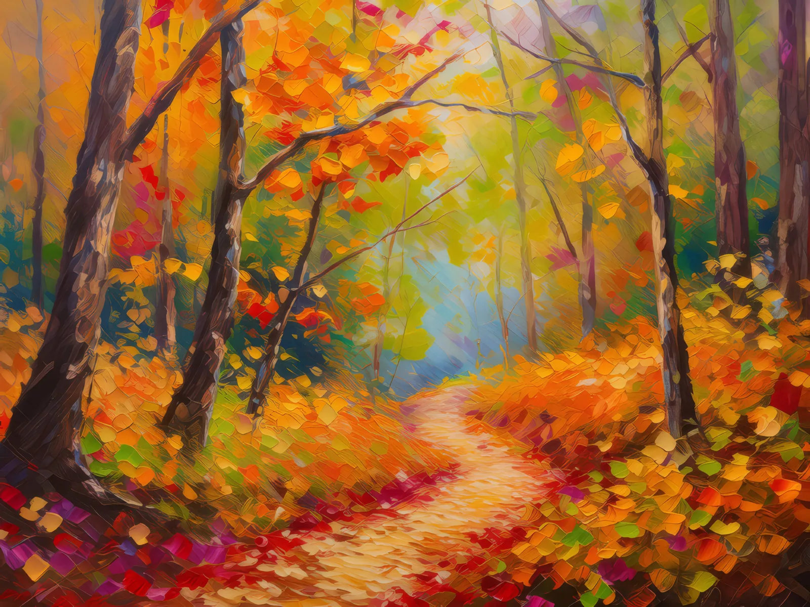 Autumn Hues on Trail, a palette-knife oil landscape by Emma Mickelberg