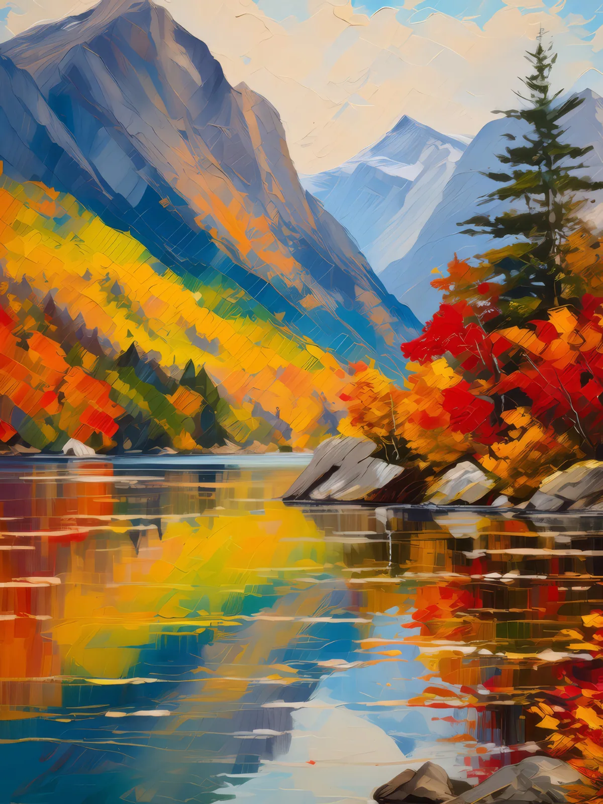 Autumn Hues Reflecting on Fjord, a palette-knife oil landscape by Emma Mickelberg