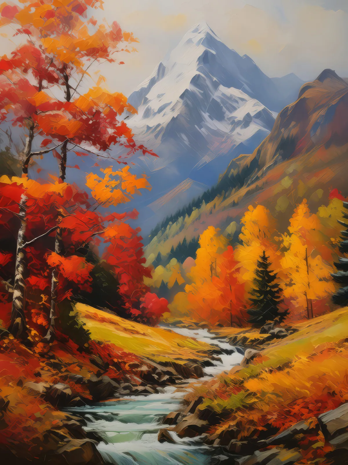 Autumn in the Alps, a palette-knife oil landscape by Emma Mickelberg
