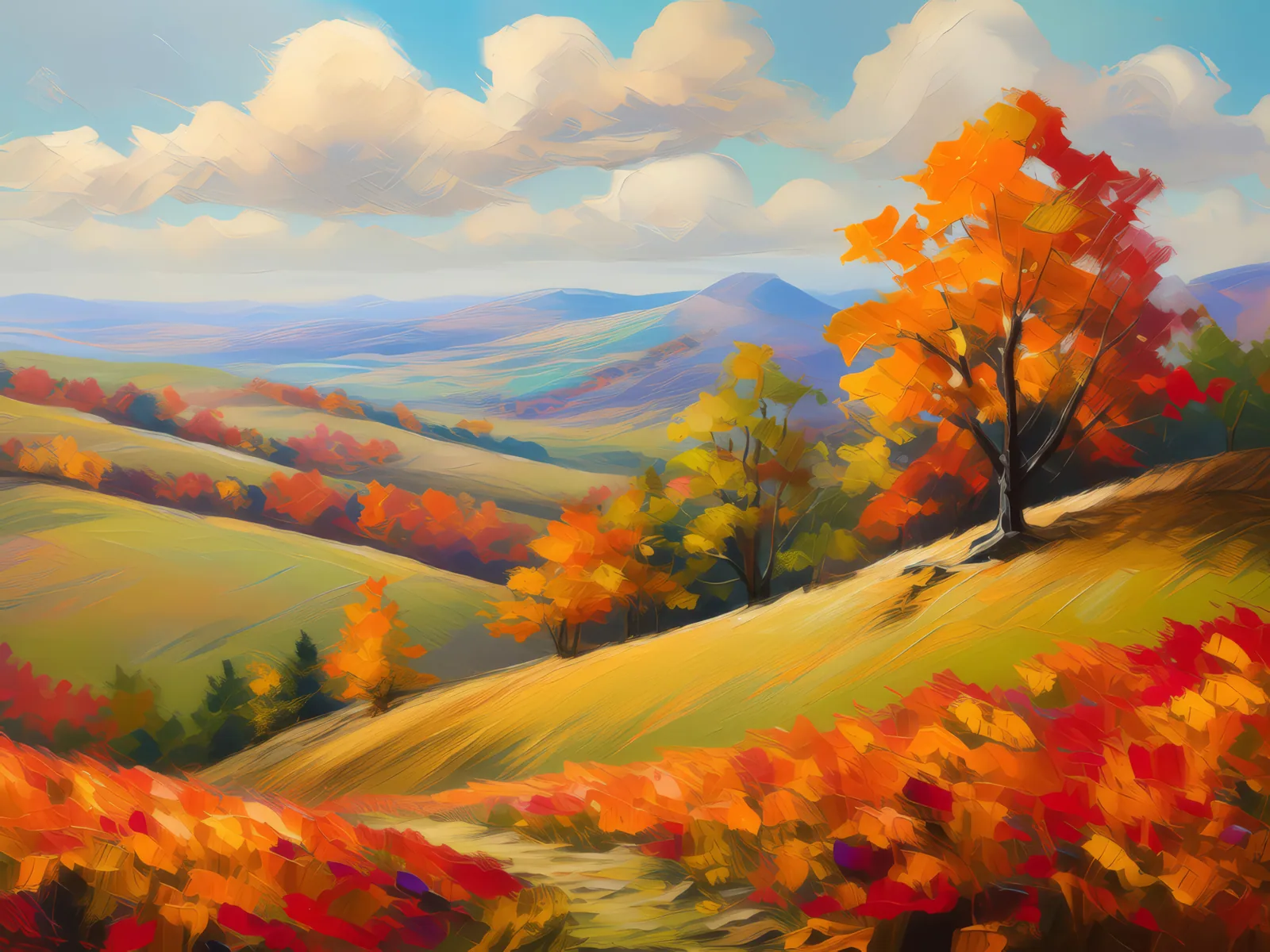 Autumn Knoll Panorama, a palette-knife oil landscape by Emma Mickelberg