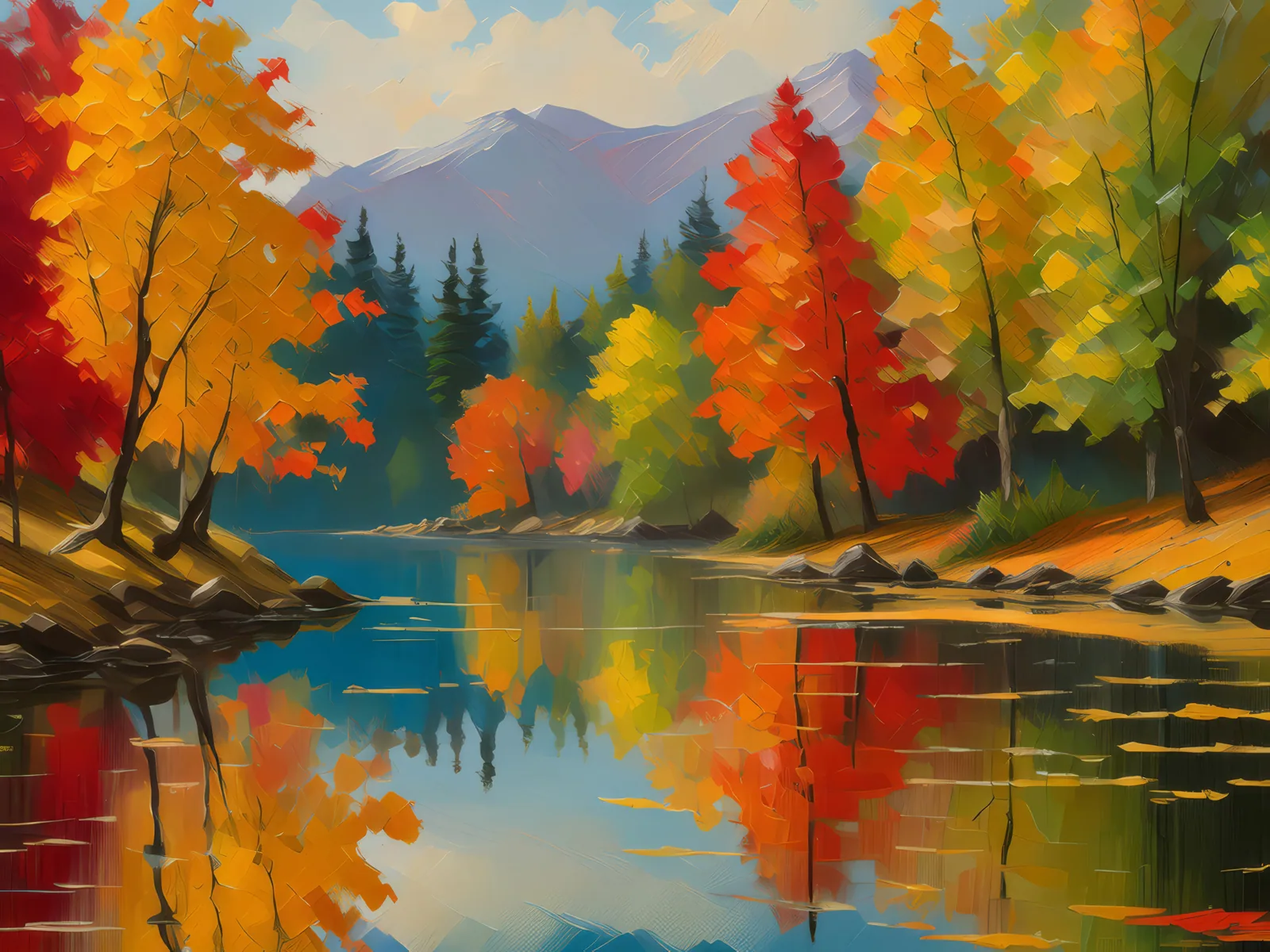 Autumn Lake Colors, a palette-knife oil landscape by Emma Mickelberg