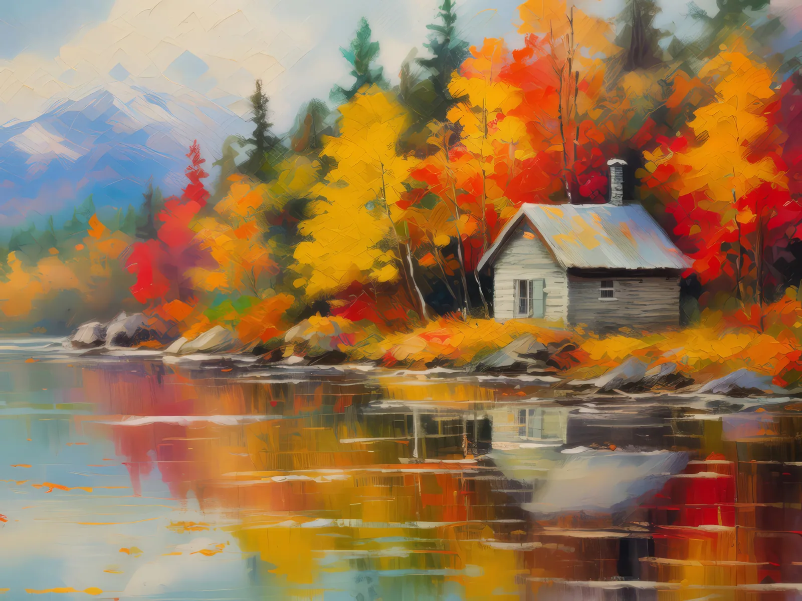 Autumn Lakeside Retreat, a palette-knife oil landscape by Emma Mickelberg