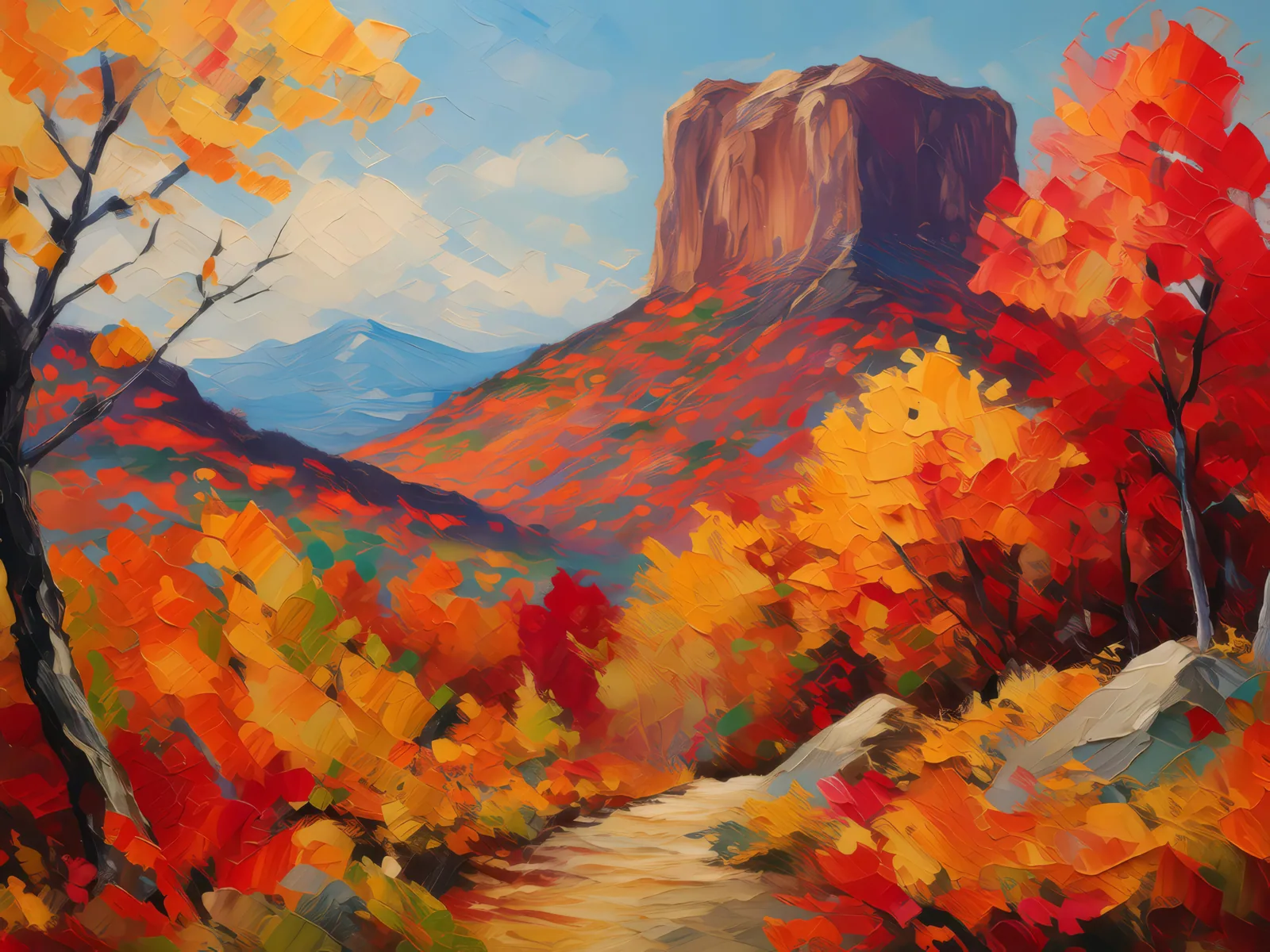 Autumn Leaves and Mesa, a palette-knife oil landscape by Emma Mickelberg