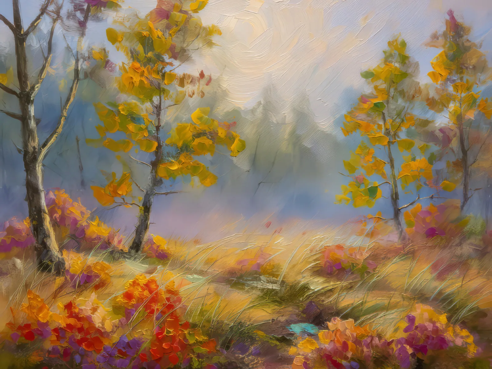 Autumn Mist Across Moor, a palette-knife oil landscape by Emma Mickelberg
