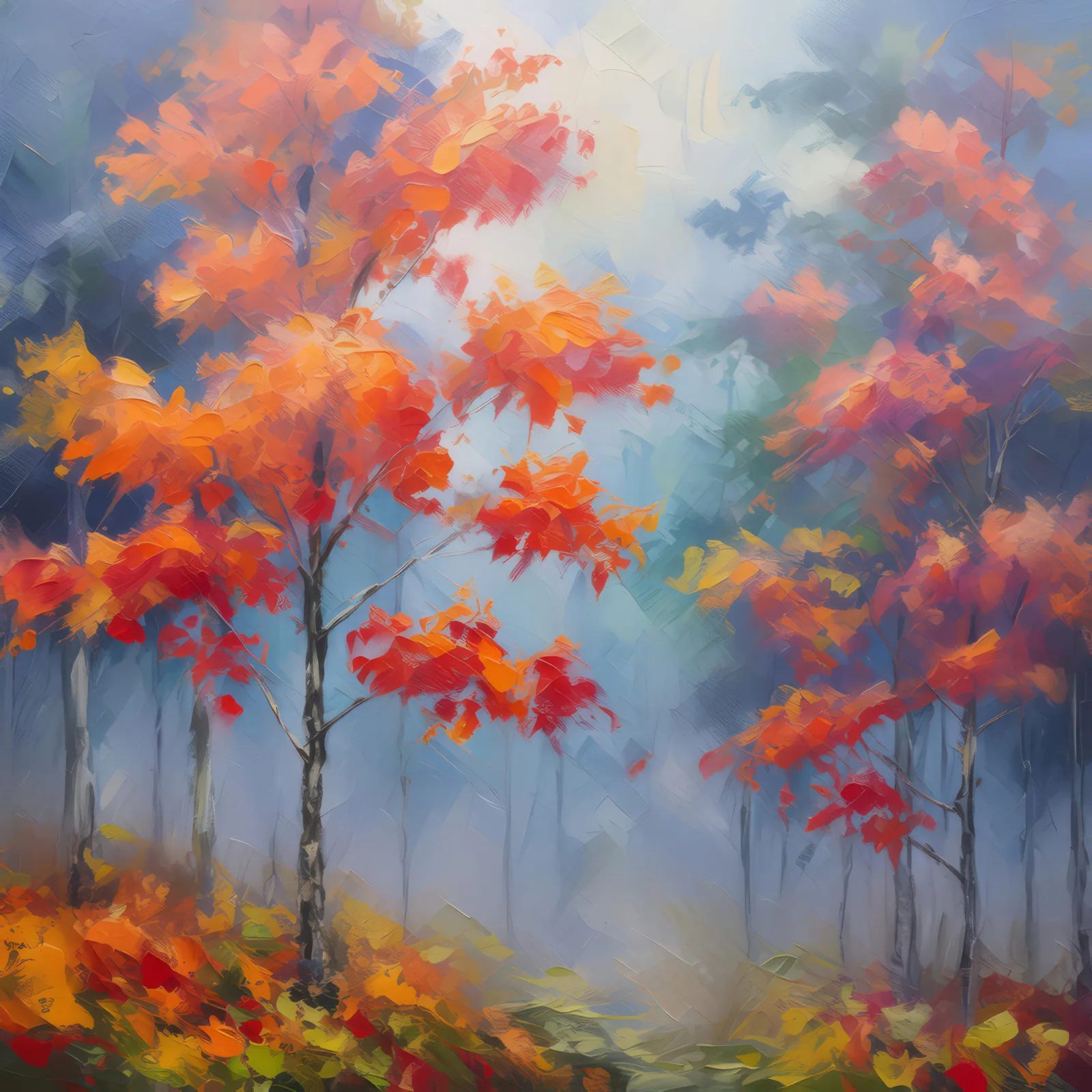 Autumn Mist and Maples, a palette-knife oil landscape by Emma Mickelberg