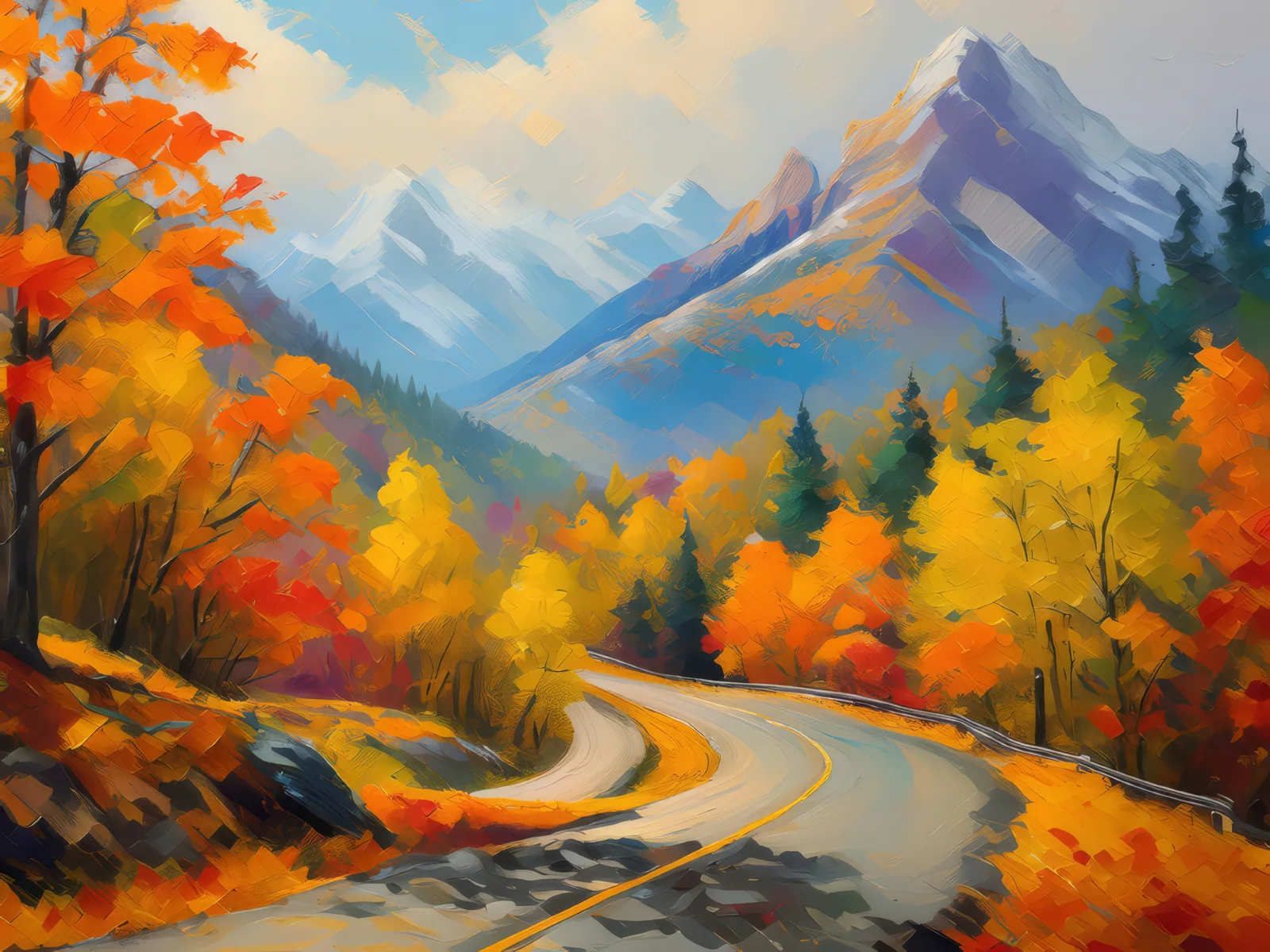 Autumn Mountain Pass, a palette-knife oil landscape by Emma Mickelberg