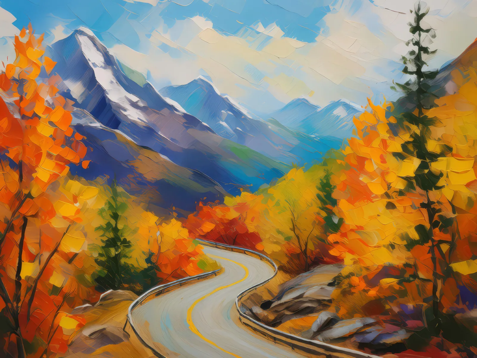 Autumn Mountain Road, a palette-knife oil landscape by Emma Mickelberg