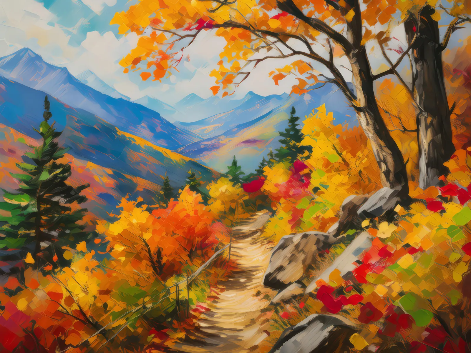 Autumn Mountain Trail, a palette-knife oil landscape by Emma Mickelberg