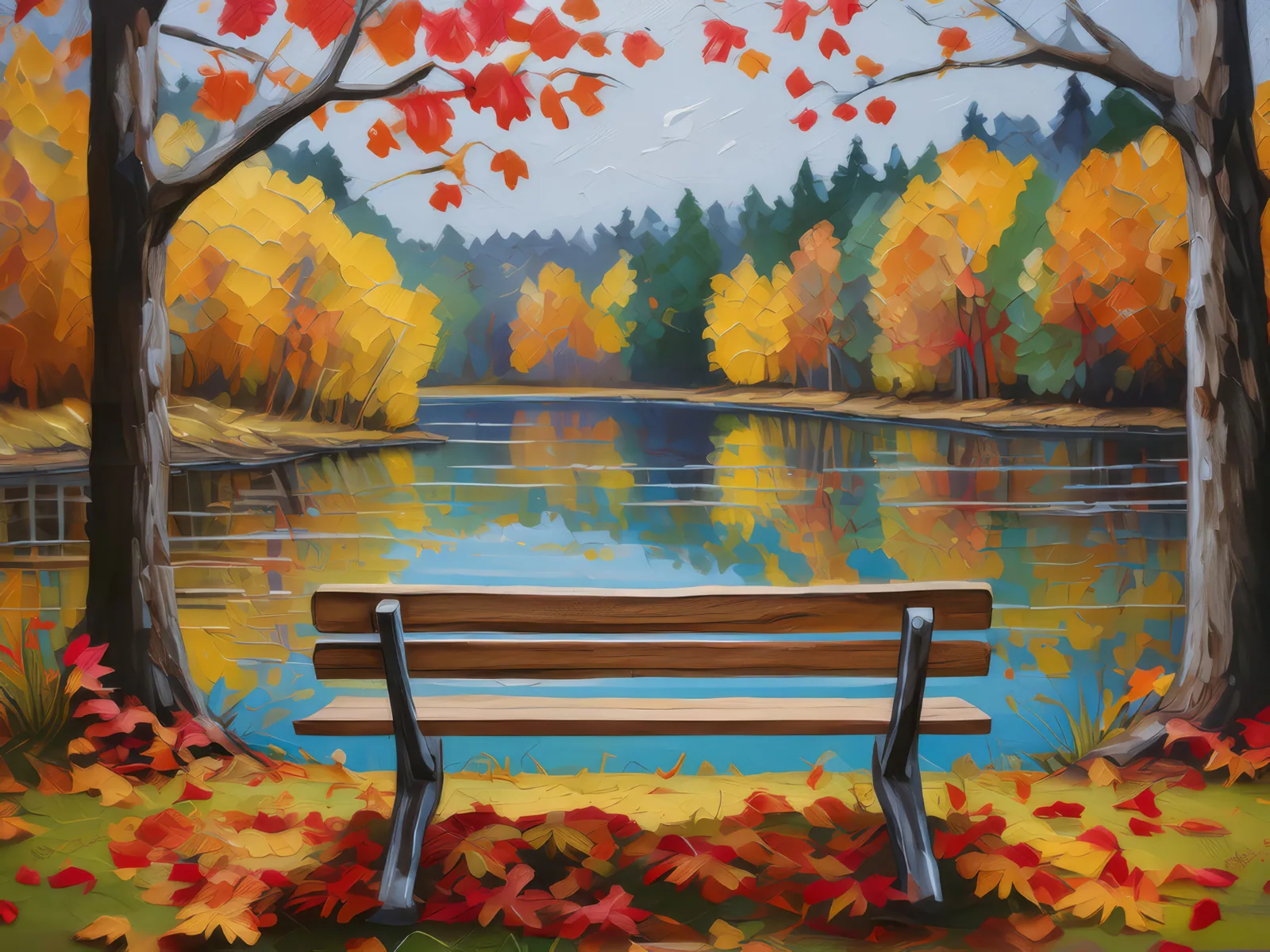 Autumn Park Bench View, a palette-knife oil landscape by Emma Mickelberg